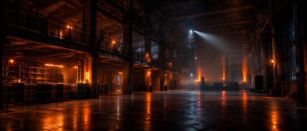 Grosse, leere Industriehalle mit dunklen Wänden, warmem orangefarbenem Licht, einer Bar links und einem grossen offenen Raum