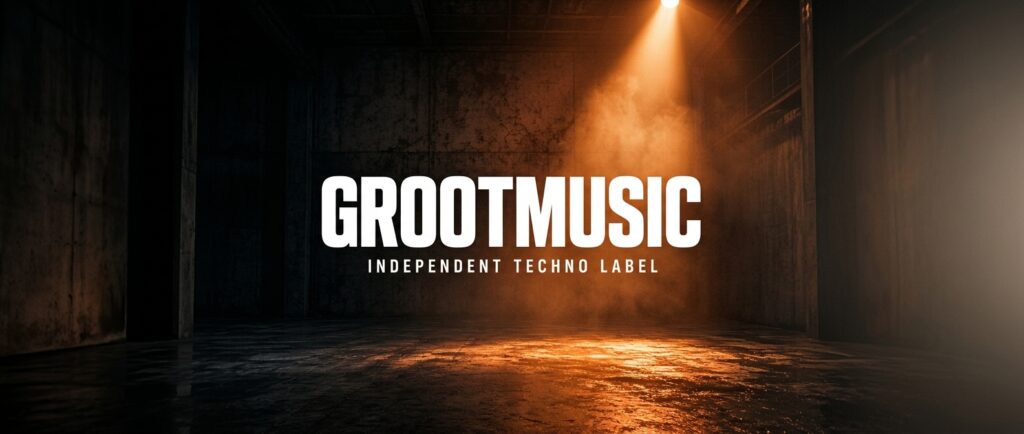 GROOTMUSIC INDEPENDENT TECHNO LABEL vor einer industriellen Kulisse im Scheinwerferlicht